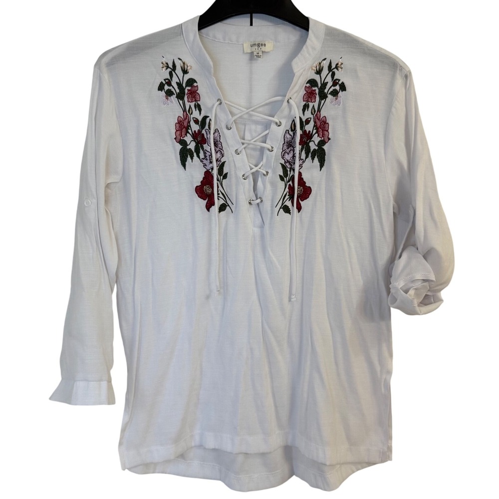 Umgee Embroidered Floral Lace Up Top Blouse White 3/4 Sleeve M Boho‎ Hippie